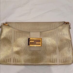 Fendi Gold Textured Clutch with Logo Clasp